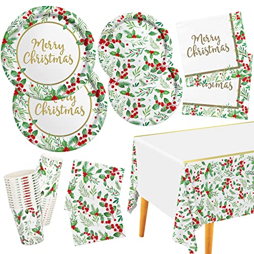 Christmas Party Supplies, Christmas Seasonal Holly Tableware Includes: Paper Dinner Plates, Dessert Plates, Luncheon Napkins and Beverage napkins, Great for Party Decorations (25 SET)