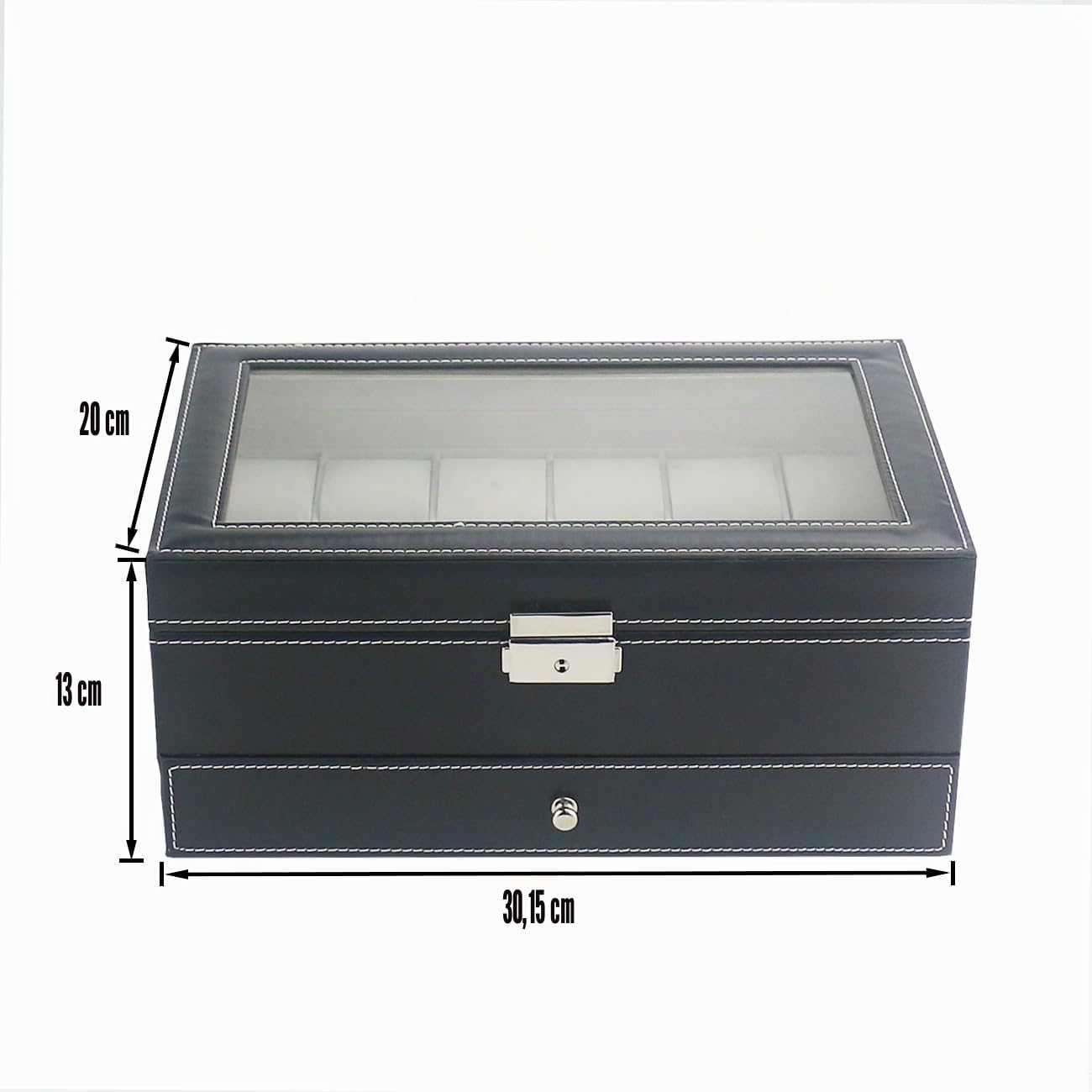 Ogrmar Cajas de almacenamiento de relojes de piel sintética con 12 ranuras, caja de almacenamiento de joyería para hombres y mujeres, organizador de 2 niveles con tapa de vidrio
