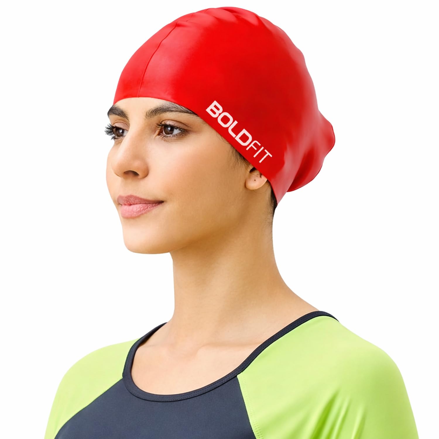 Boldfit Silicone Swim Cap for Women with Long Hair for Dry Swimming. Easy Fit - Red