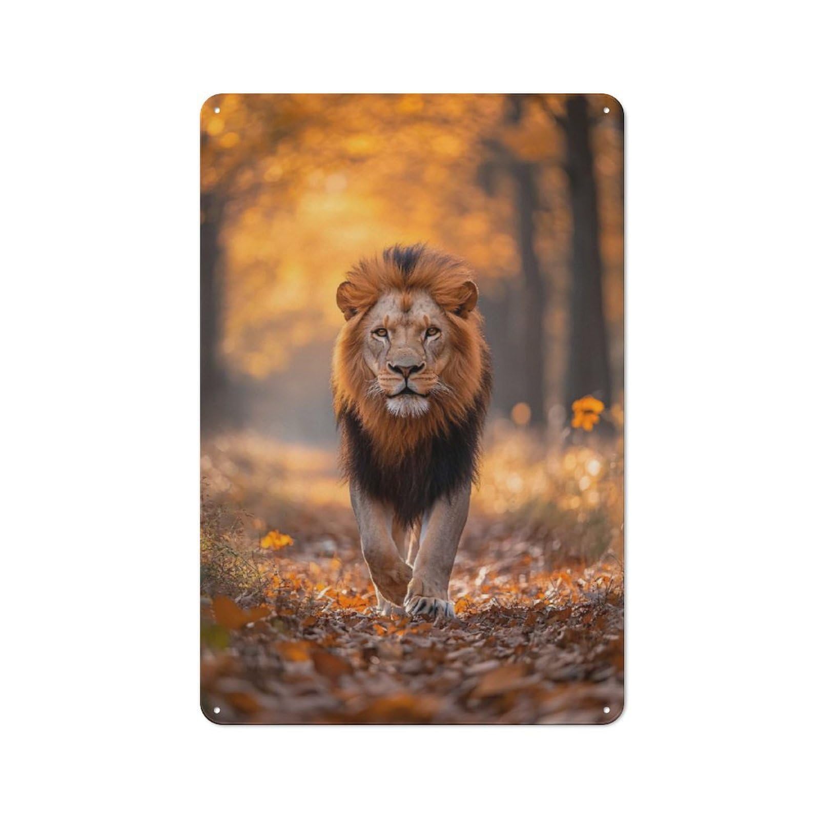 Rustic Majestic Lion Walking in Autumn Forest Tin Wall Plaque 30x20cm, Rustic Kitchen Decor for Cottage, Kitchen, Hallway Or Breakfast Nook