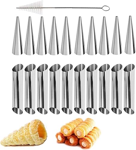 Moldes de cuerno de crema, 21 moldes de acero inoxidable, tubos de forma de canoli, molde de rollo de crema, molde de croissant, molde de cono