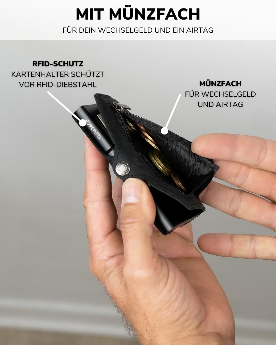 SLIMJACK Smart Wallet mit Gravur Wunschtext - Kreditkartenetui mit RFID-Schutz - Geldbeutel für Herren - Slim Wallet mit Münzfach - Smart Wallet für Karten & Münzen - Schwarz