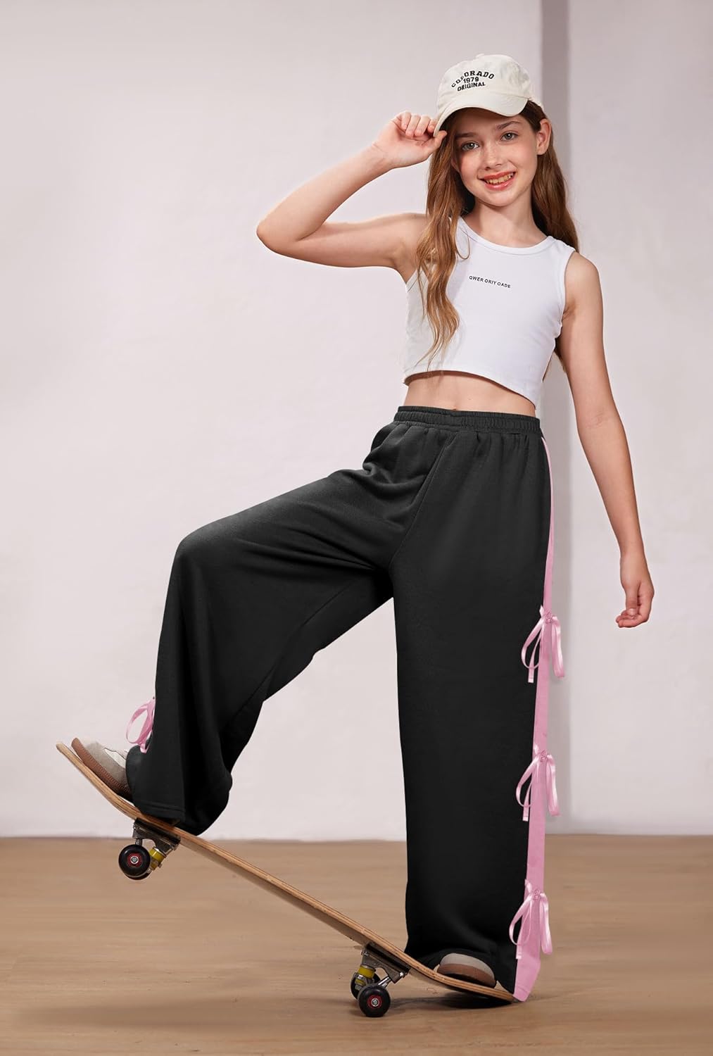 Big Girls Fall Cute Bowknot Side Side Baggy Track Pants Color Block Wide Leg Trousers Black & Pink 13-14 Years - Image 6