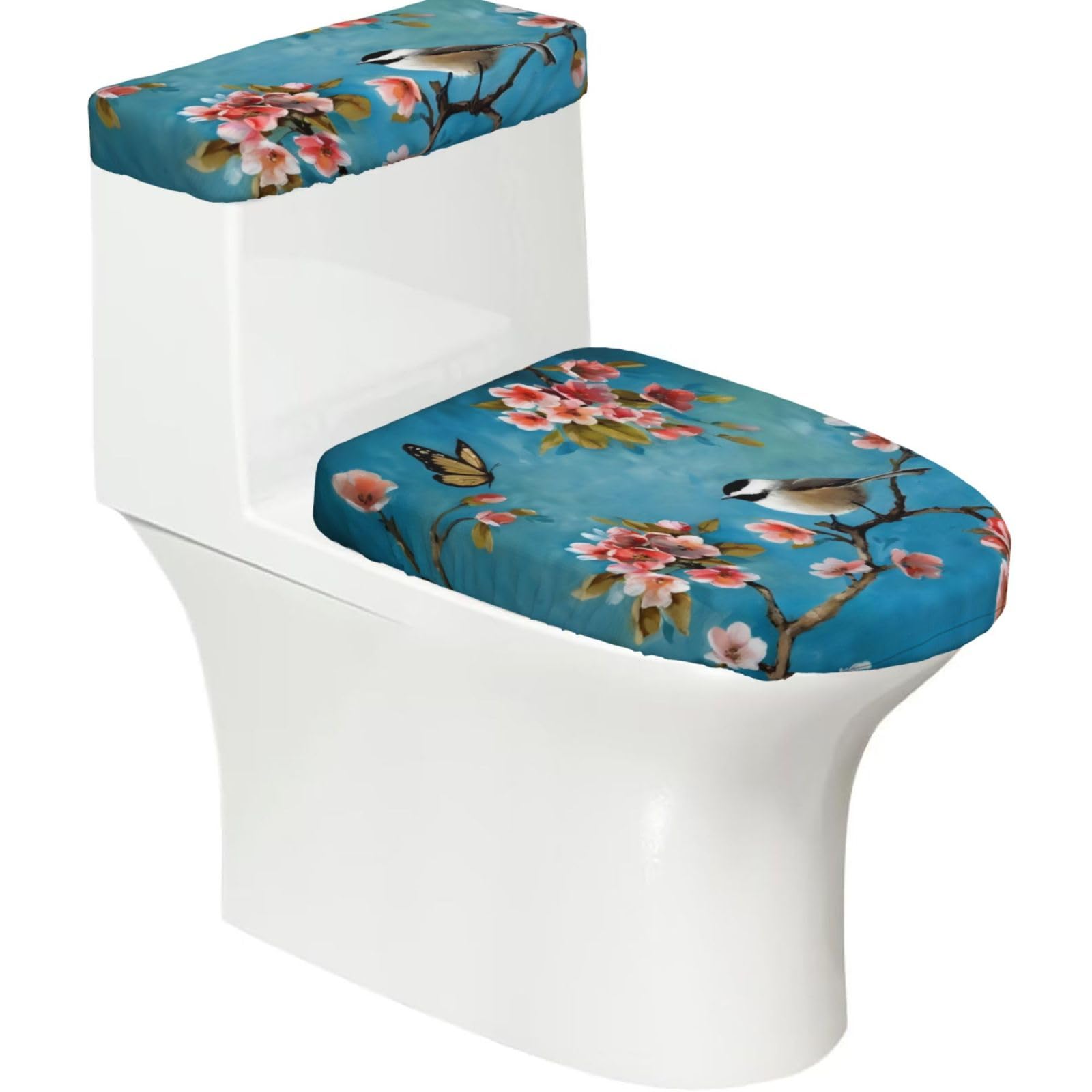 Flowers Birds and Butterfly 2-Piece Toilet Seat Cover Set with Tank Lid, Elastic Fit for U-Shape & Elongated Toilets, Bathroom Decor, Housewarming Gift