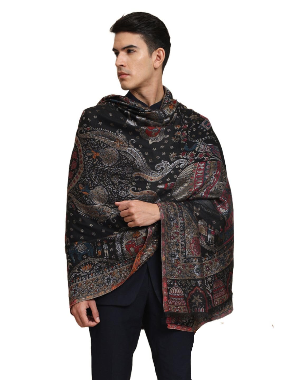 zamour Kani Zari Weave Royal Mughal Pattern Shawl for Men, Soft Pure Wool Material, Traditional Kashmiri Lohi for Winter-picture-13