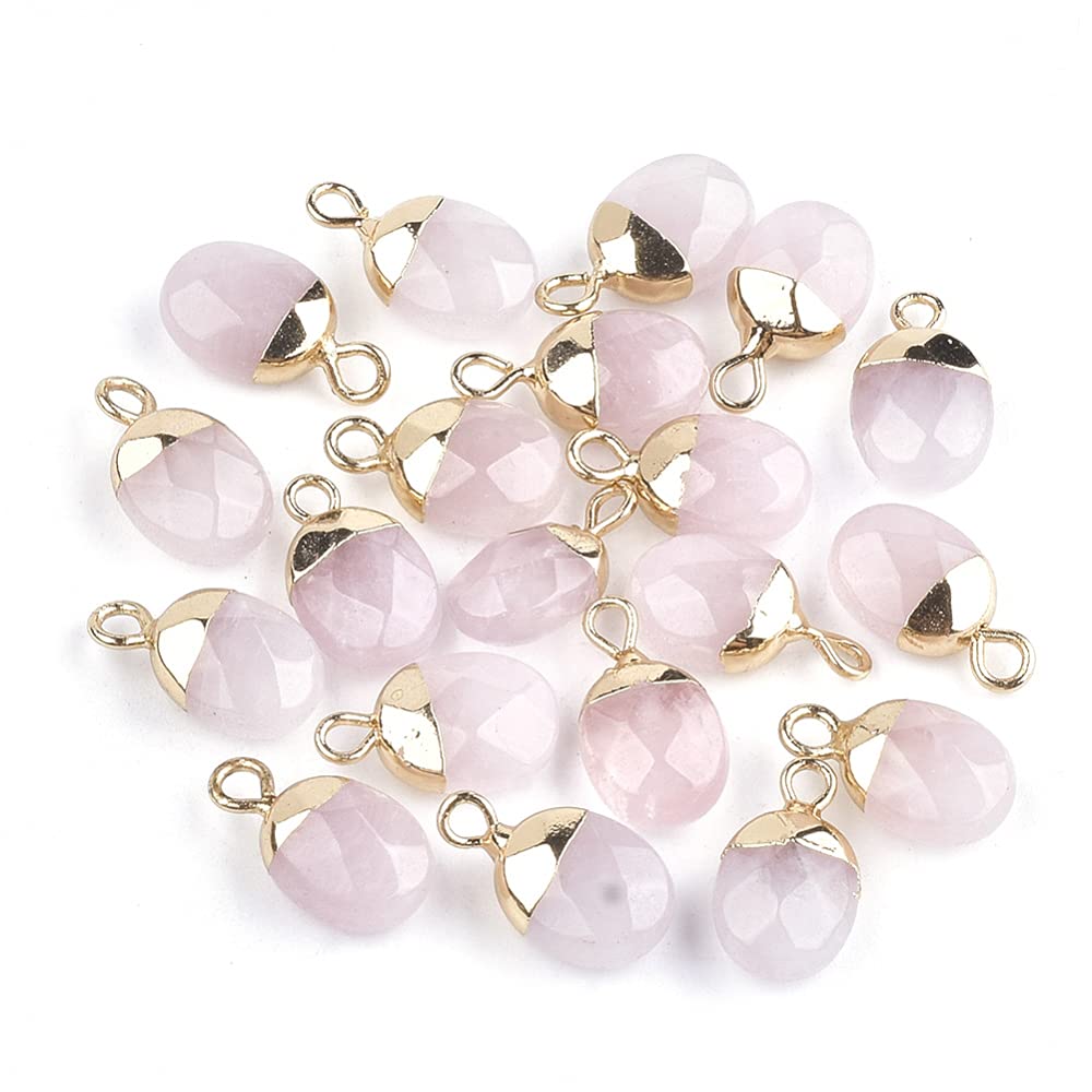 KitBeads20Pcs Natural Rose Quartz Gemstone Charms Faceted Oval Golden Pendants Quartz Charms for Jewelry Making