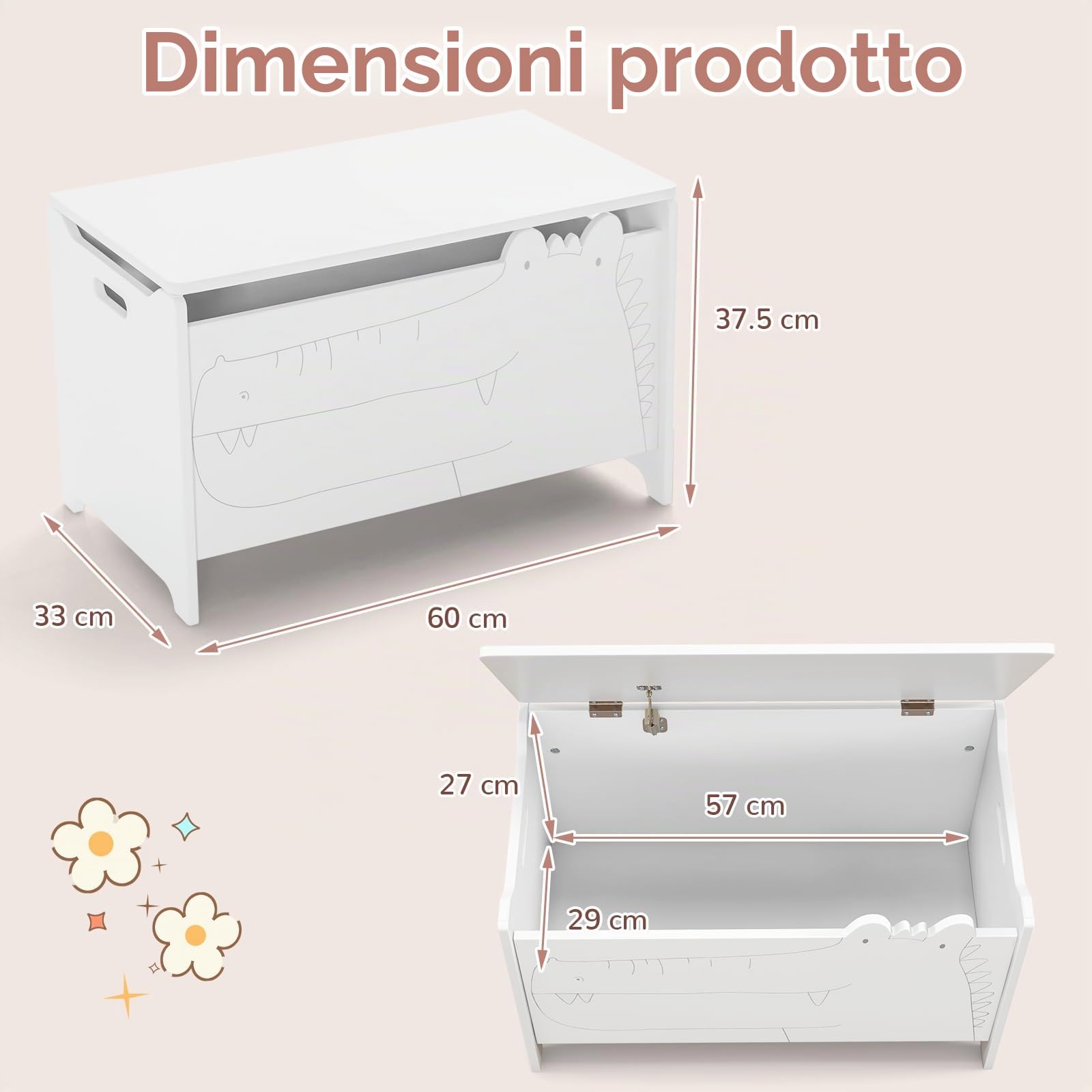 GYMAX Scatola per Giocattoli con Coperchio, Organizer per Giocattoli a Forma di Coccodrillo con Pratiche Maniglie, Cassapanca Contenitorei per Bambini, verde, 60 x 33 x 37,5 cm (Bianco)