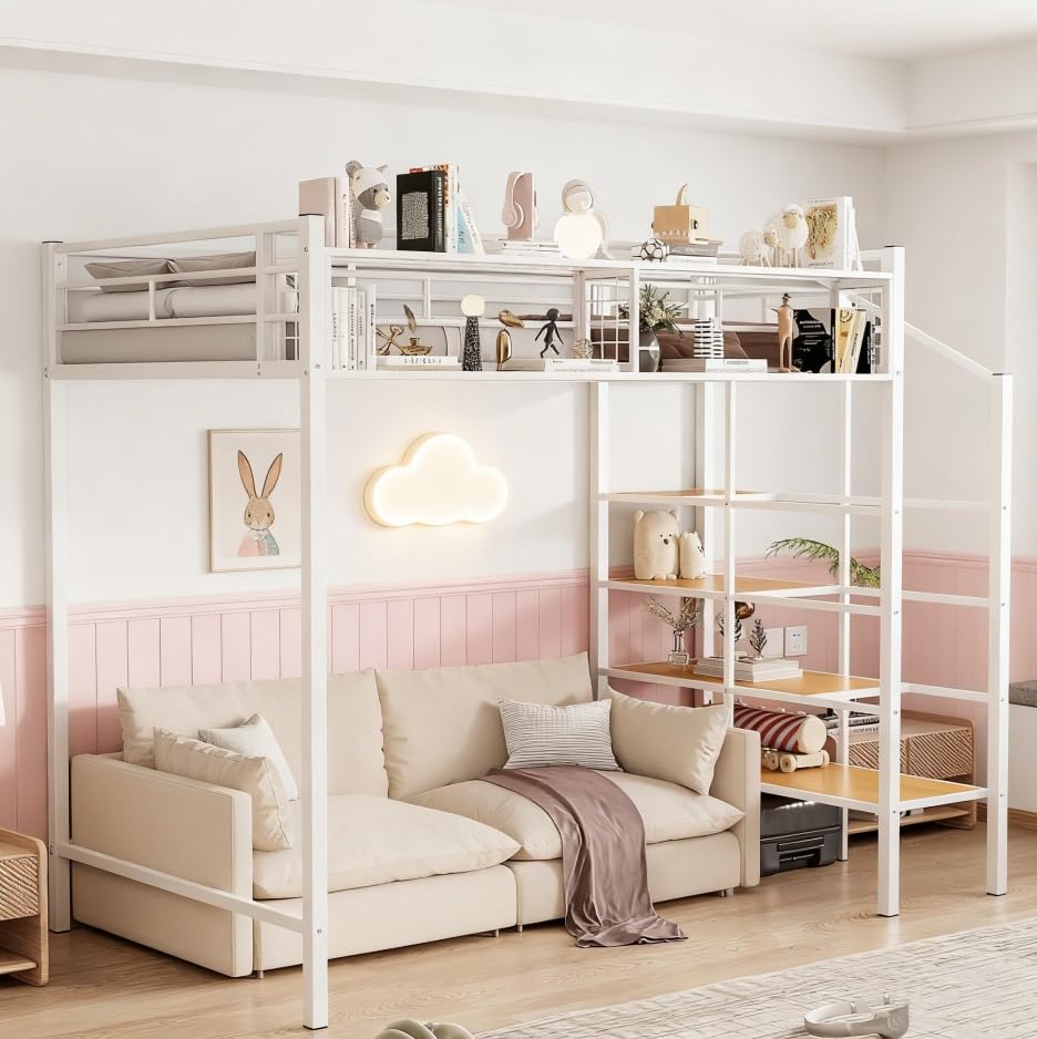 Image of Bellemave Twin Size loft Bed with Storage Stairs and Upper Grid Storage Shelf, Metal Twin Loft Bed Frame for Adults, Kids, Teens, White