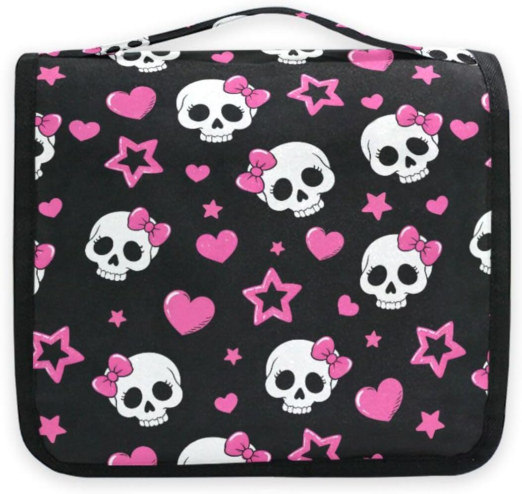 MNSRUU Hanging Toiletry Bag Pink Hearts and Skulls Makeup Bag Portable Travel bag for Toiletries Organizer Bags for Women Men, Travel-Essentials Bag