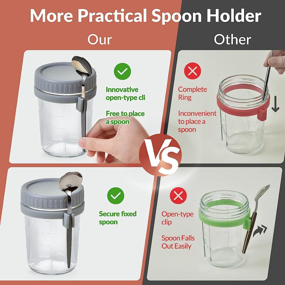 CROIRE Confezione da 4 contenitori Overnight Oats con coperchio e cucchiaio, in vetro e plastica per Overnight Oats, contenitori per fiocchi d'avena a prova di perdite