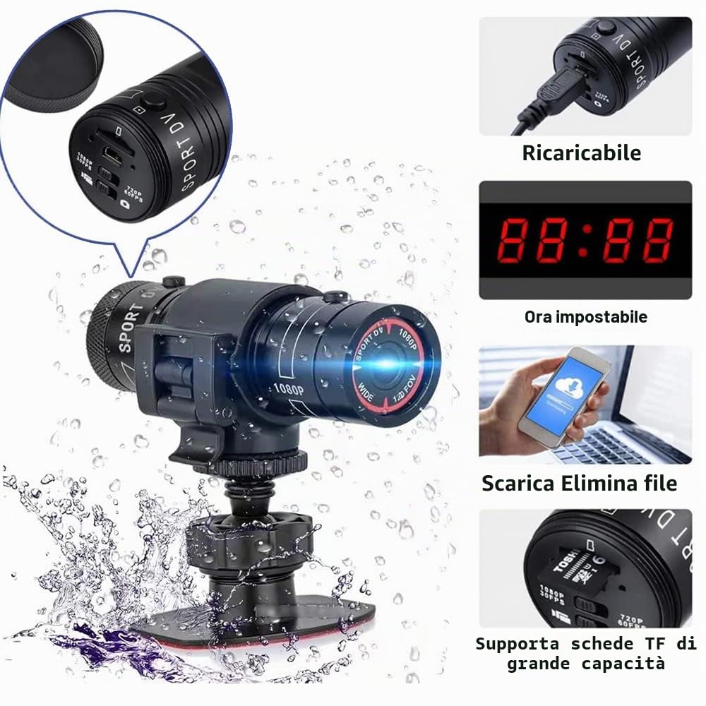 TKMARS Action Cam,Videocamera Casco Moto Mini Fotocamera Bici,1080p Full HD 120° Loop grandangolare Impermeabile Action Cam Registrazione Video e Scatto Fotografico per Sci, Equitazione, ecc