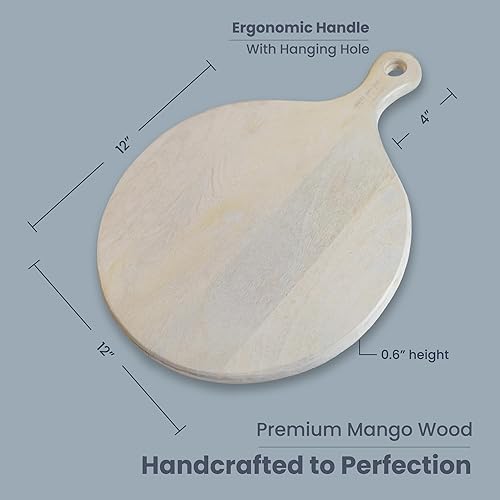 Miniatura 2 de The Fine Living Co. White Charcuterie Board, Round Paddle Board with Long Handle, Mango Wood Serving Platter for Meat, Pizza Peel, Fruit, Food-Grade