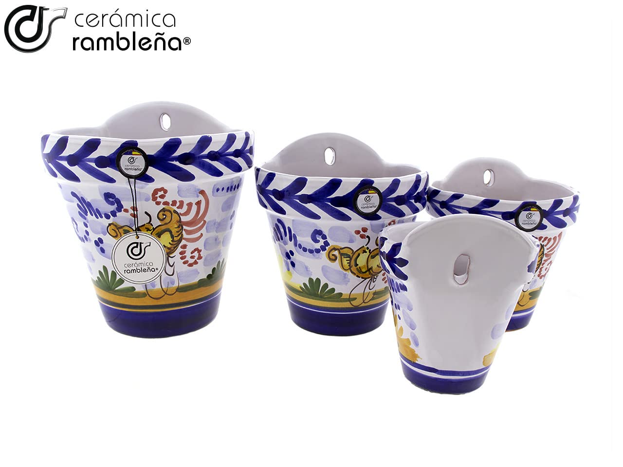 CERÁMICA RAMBLEÑA | Maceta Colgante Pileta | Maceta de Barro para Colgar | Conjunto x4 Maceta Pared Patios de Córdoba Montería - Modelo D125 | 100% Decorada a Mano