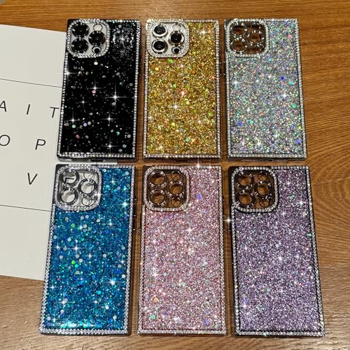 LAPOPNUT for iPhone 13 Pro Case,Cute Bling Sequin Glitter Sparkly Rhinestones Rectangle Edge Phone Case for Girls Women,Crystal Diamond Full Camera Protective Shockproof TPU Bumper Cover,Black - image 7