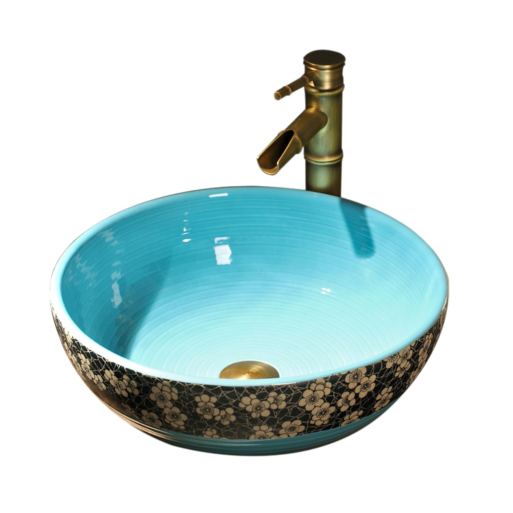 Vasque ronde lavabo de salle de bain rétro en céramique d'art bleu
