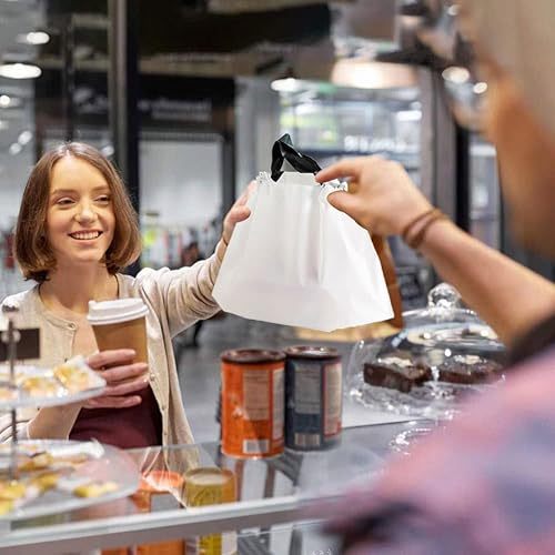 Miniatura 5 de PCBAG 50 bolsas de almuerzo de plástico reutilizables con asas, resistentes con cordón para llevar, para llevar, entrega, comestibles (blanco)