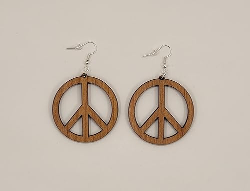 Peace Sign 2 Laser Cut Alder Wood Earrings, Hook Style, Satin Finish