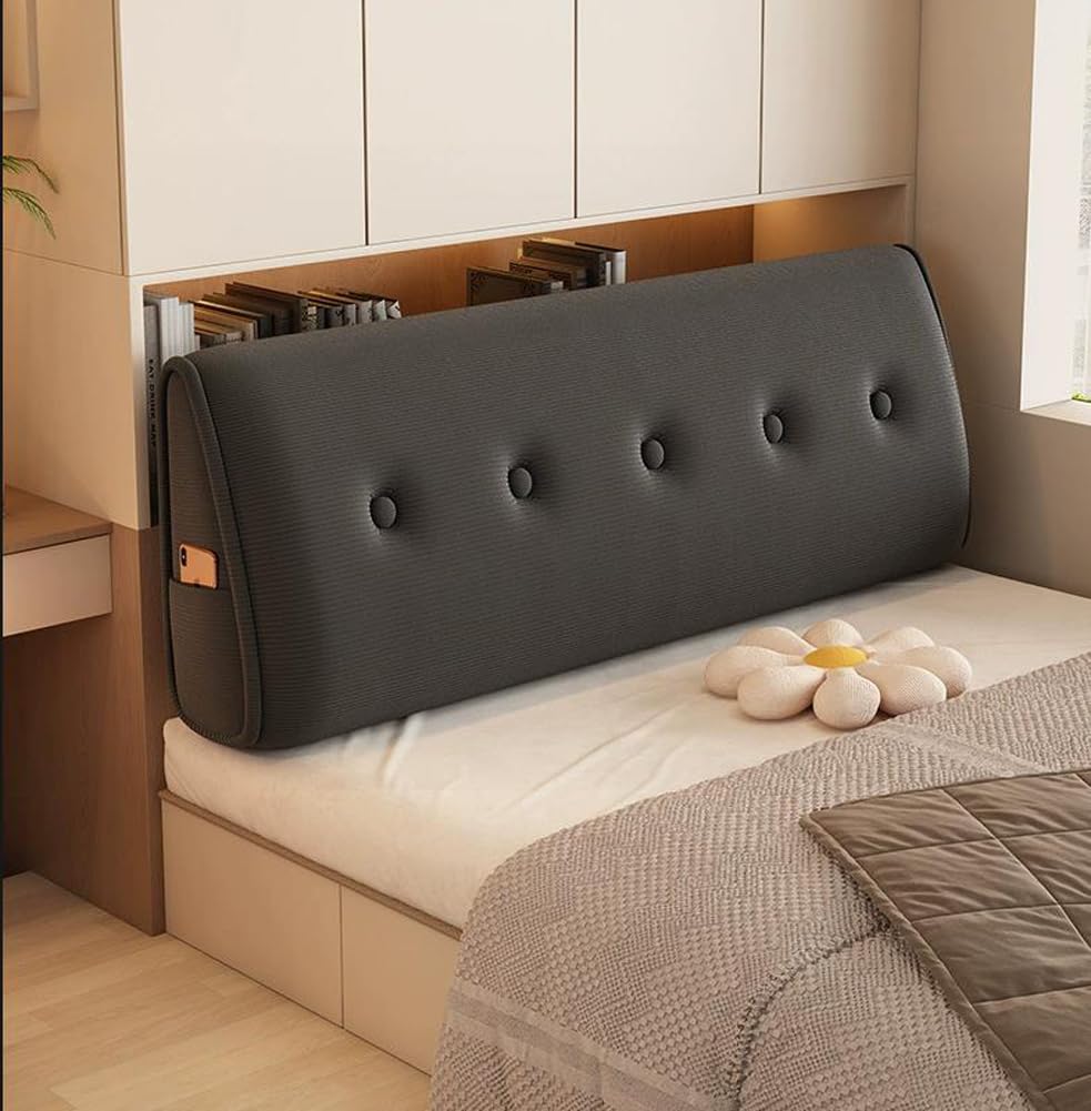 HEANCRIE Large Lounge Headboard Pillow,Corduroy Triangle Pillow for Bed,Washable Backrest Cushion with Button Design,Comfort Waist Bolster for Tatami/Bed Sitting (Black,120X50X20CM)