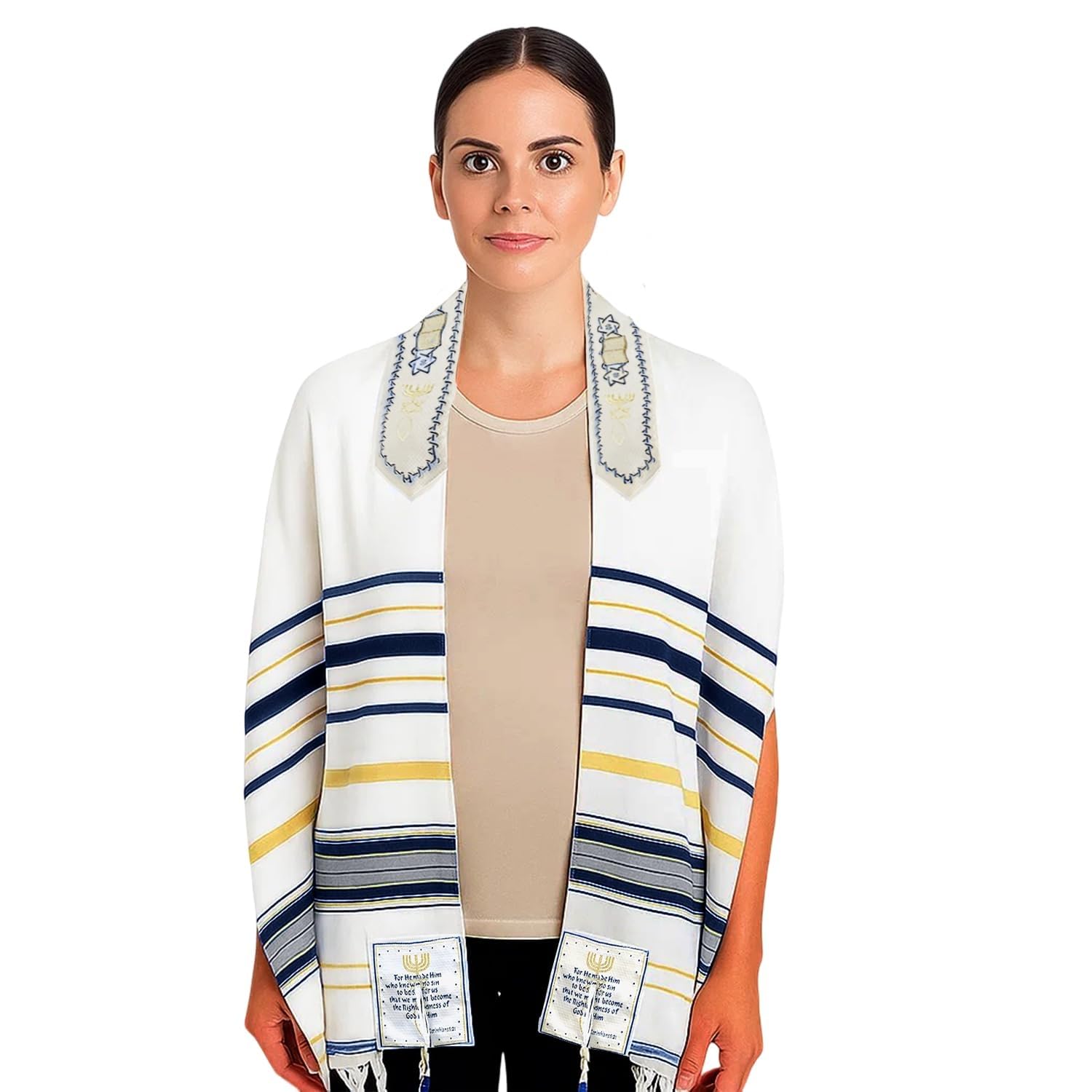 Roll over image to zoom in Holy Land Market Polyester, Acrylic Messianic Seal Prayer Shawl, 72 x 22 Inches, Grey And Blue-picture-31