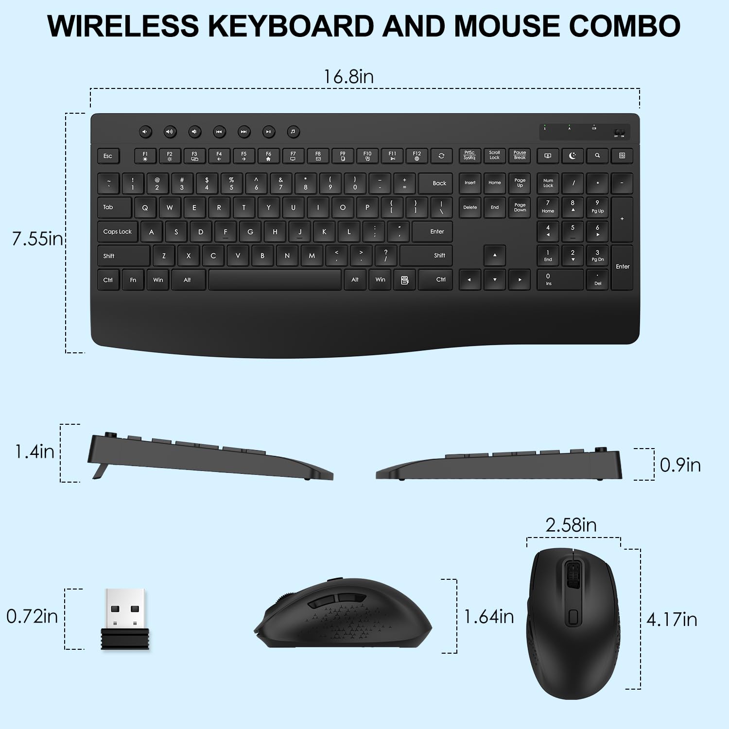 Tastiera wireless e mouse combinata, set di computer ergonomico di dimensioni standard con poggiapolsi, USB 2.4G senza lag, digitazione silenziosa, clic silenzioso, spegnimento automatico per PC, Mac