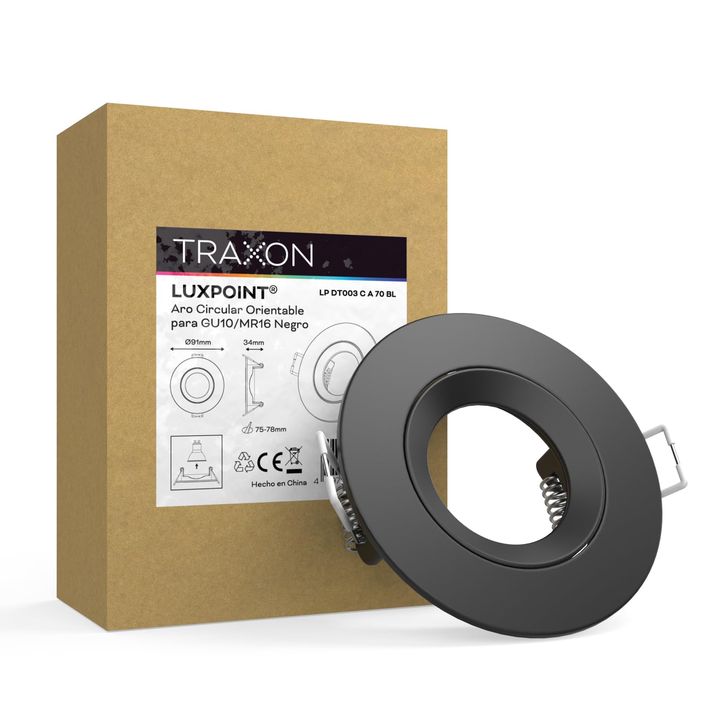 TRAXON LUXPOINT® Aro Circular Orientable DT003 para Bombilla LED GU10 Marco de Bombilla Aluminio Corte Techo Ø70mm (Negro, Pack 10 und)