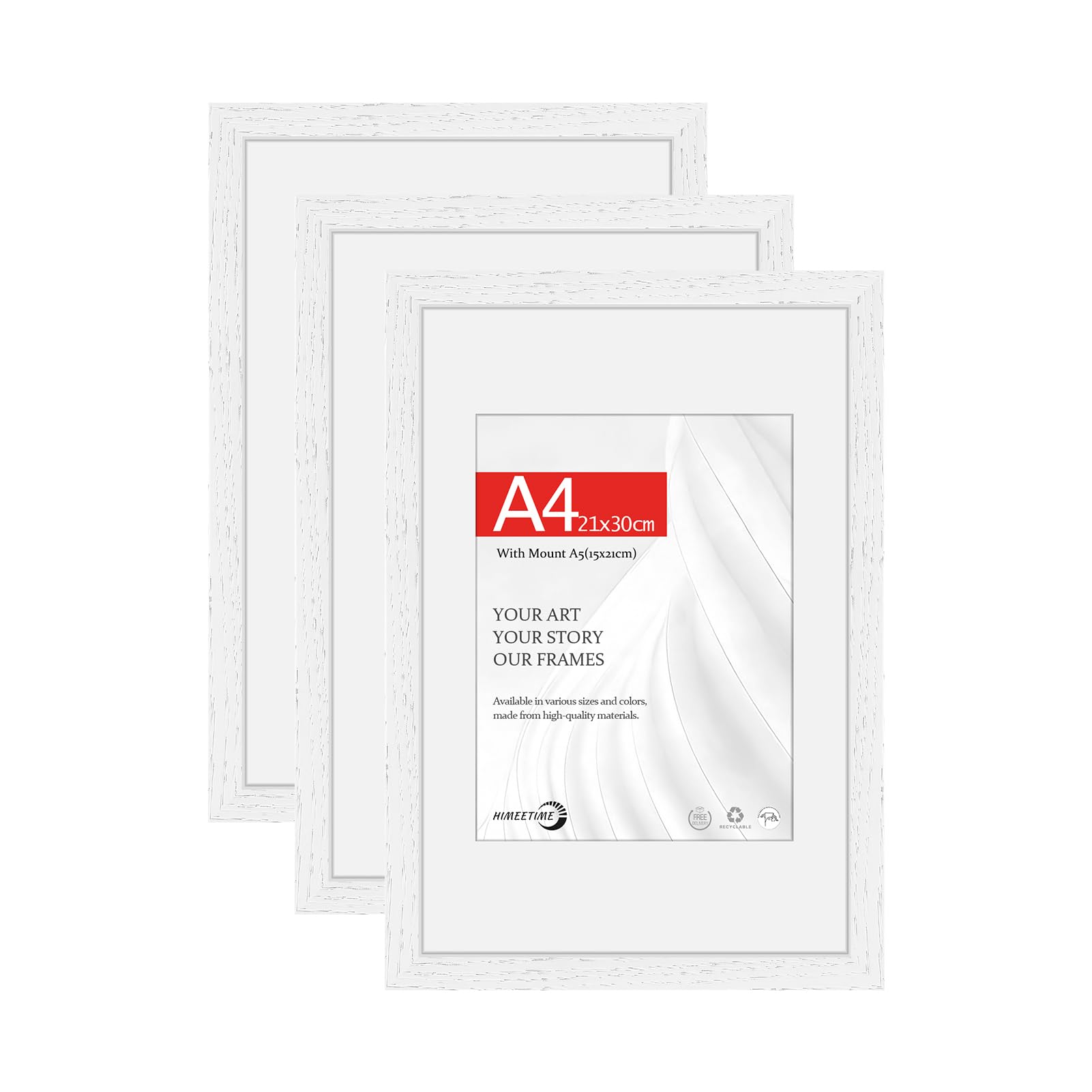 HIMEETIME® 3x A4 21x29.7cm Picture Frames | White Obeche Wood | 15x21cm Mat Included | 21x30cm Certificate Frame with Shatterproof Acrylic Glass | Wall Mount or Tabletop