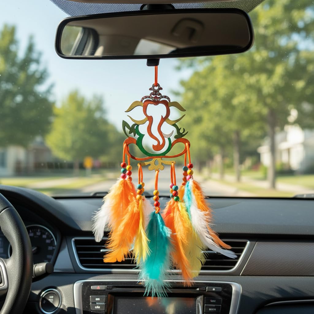 Wooden Handpaited Ganpati Dream Catcher for Car, Unique Hand Painted Ganesha Car Mirror Hanging Accessories Interior, Ganesh Dream Catcher for Rear View Mirror Accessory, Gift Item