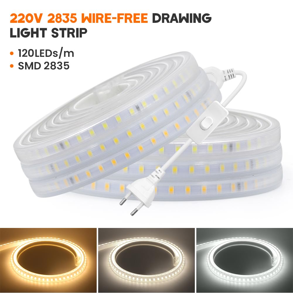 220V Tira LED con encendido/apagado [34m, Blanco cálido 3000-3500K],flexible e impermeable IP65,SMD2835,120 LEDs/m Guirnaldas luminosas recortable CRI85+,iluminación decorativa para el hogar