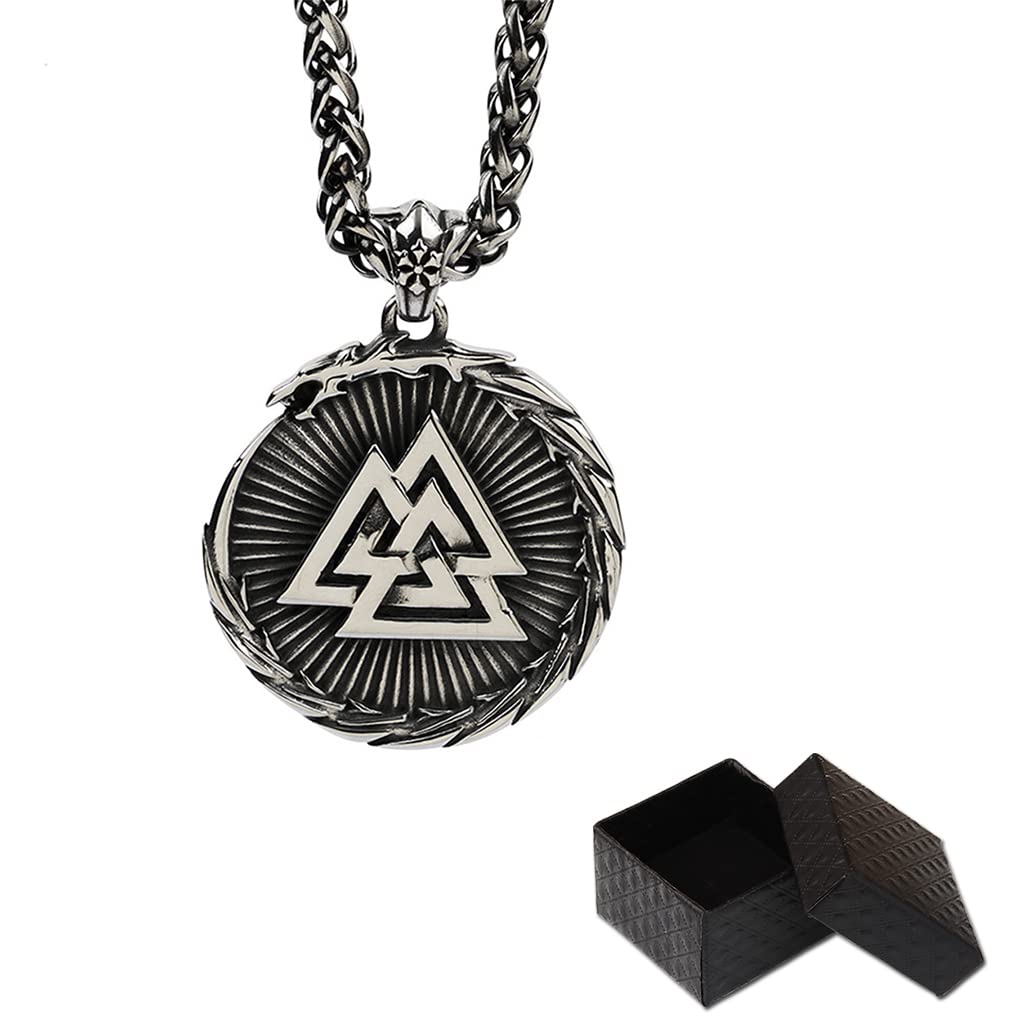 Nordische Wikinger-Halskette Odin Vegvisir und Valknut mit JöRmungandr-Anhänger-Halskette Wikinger-Amulett-Anhänger-Halskette Nordischer Wikinger-Schmuck für Männer mit Geschenkbox,Schwarz