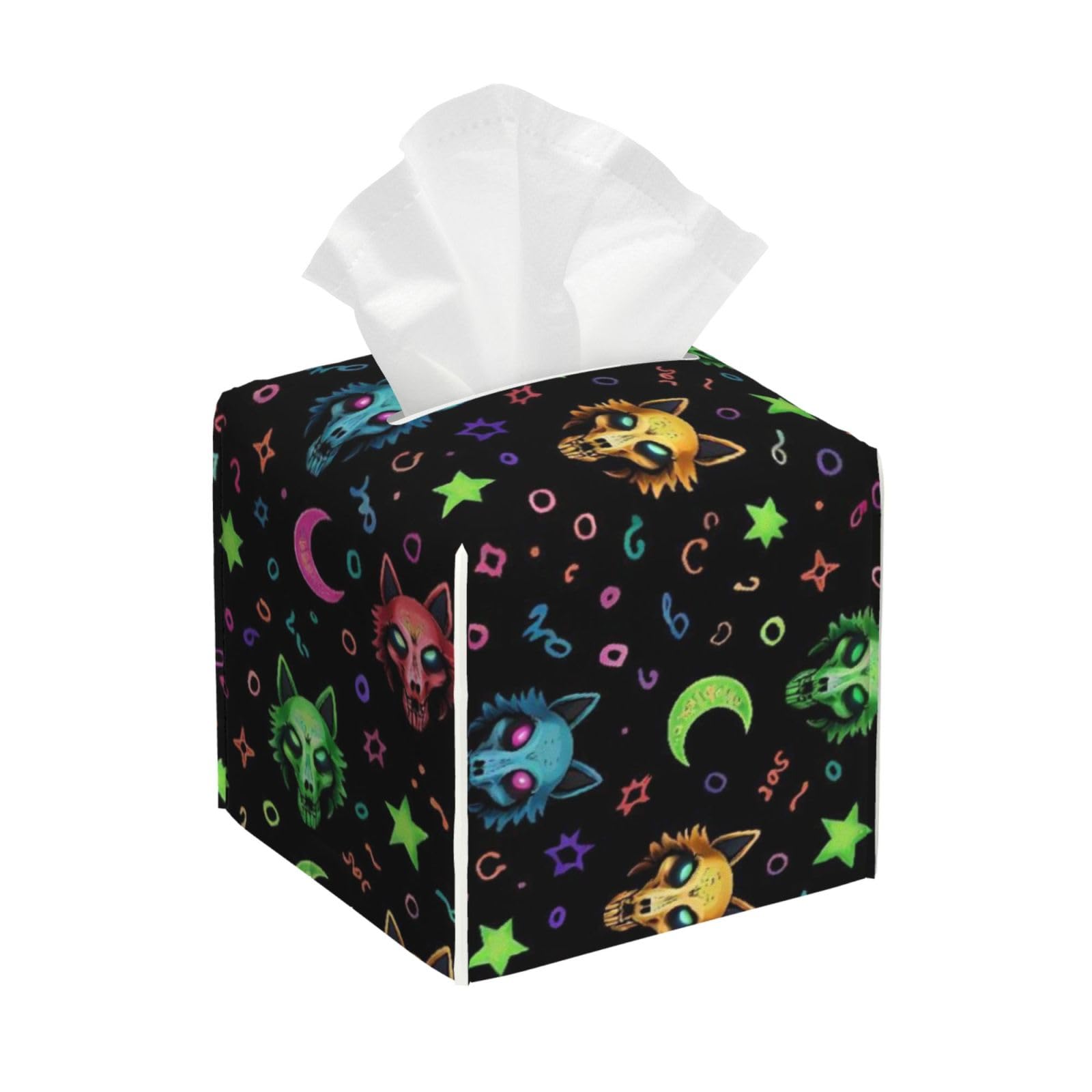 Halloween Trippy Goth Black Cat Skull Leather Tissue Box Cover Holder Square Facial Paper Organizer 5.2" X 5.2" X 5.2"