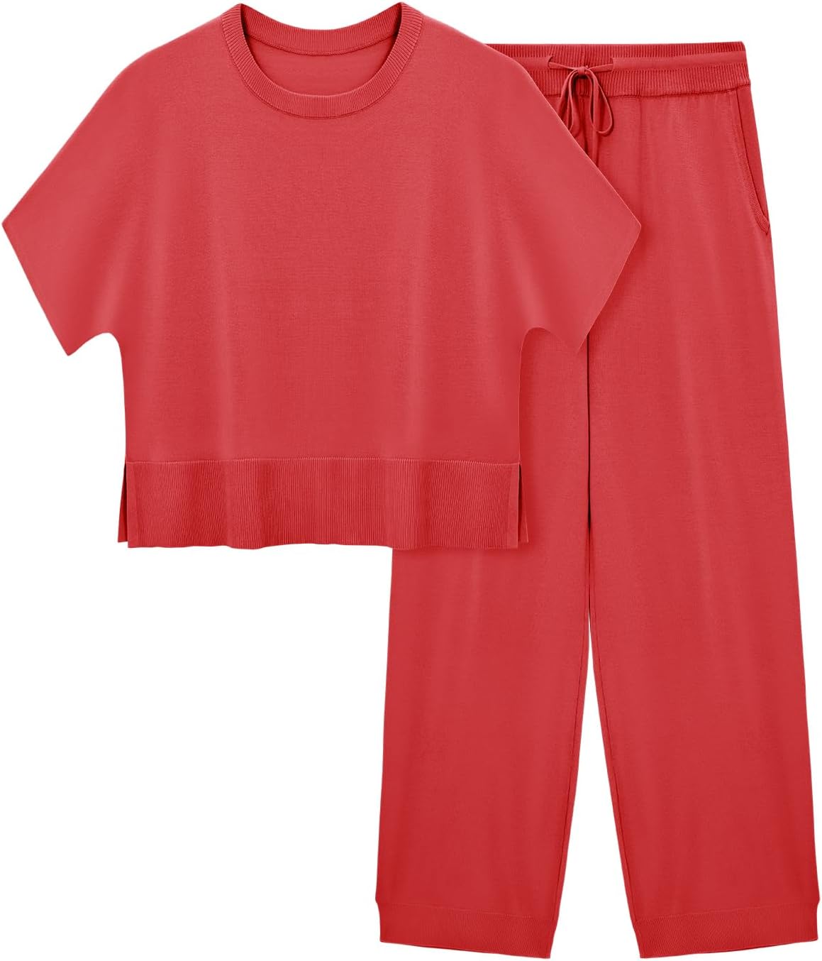 Fisoew Womens 2 Piece Outfits Sweater Sets Knit Split Crop Tops High Waisted Pants Lounge Set