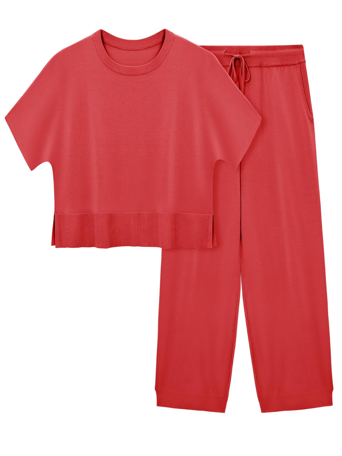 Fisoew Womens 2 Piece Outfits Sweater Sets Knit Split Crop Tops High Waisted Pants Lounge Set