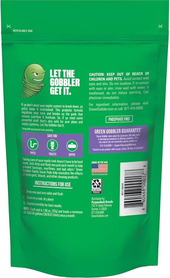 Green Gobbler Septic Tank Enzyme Treatment Packets, 6 Month Supply - Powerful & Natural Bacteria to Prevent Costly Septic Issues, Back-Ups