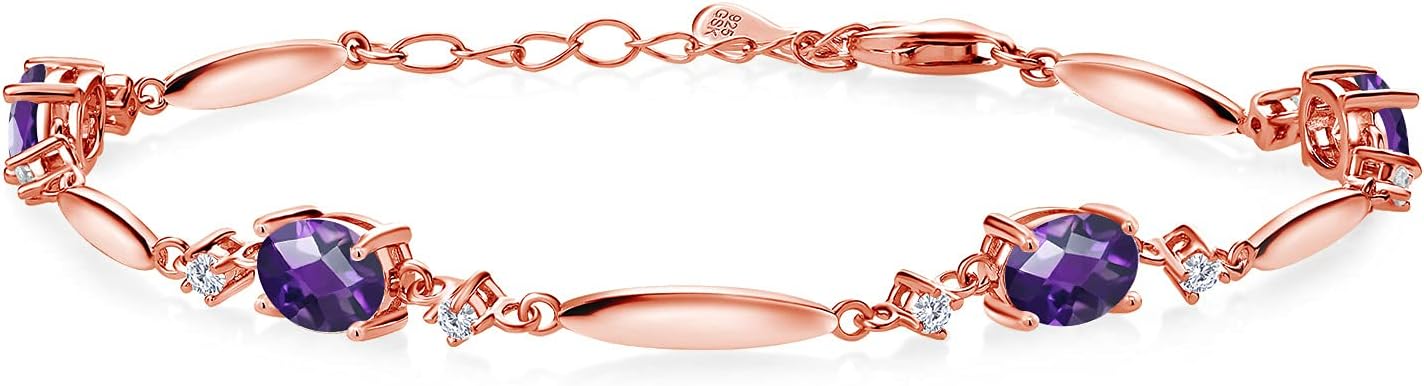 Gem Stone King 18K Rose Gold Plated Silver Gemstone Birthstone and White Moissanite Tennis Bracelet For Women | Oval 7X5MM and 2MM | 6 Inch + 1 Inch Extender | Fine Jewelry for Her Mom Wife