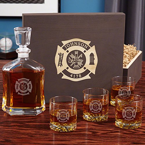 Engraved Liquor Decanter Set for Firefighters - Fire & Rescue Whiskey Decanter and Rocks Glasses