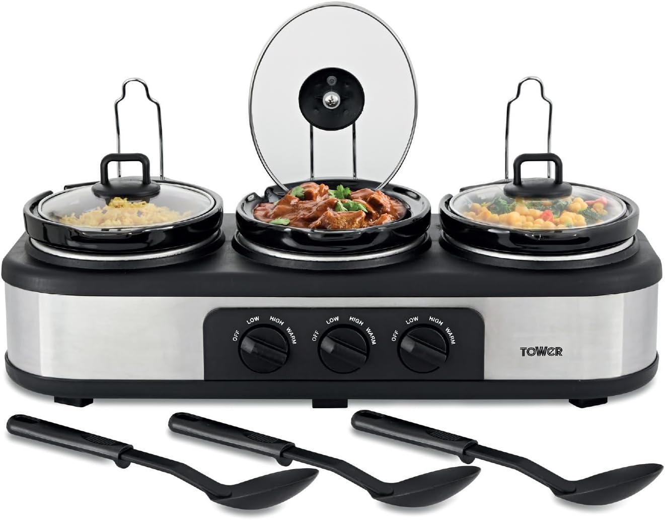 Tower Three Pot Slow Cooker, Food Warmer and Buffet Server, 300 W, 3 x 1.5 Litre Cooking Pots, Black