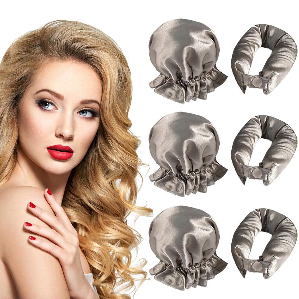 NuAngela Hair Rollers Set - 6 Satin Curlers with Headband and Cap for Heatless, No-Heat Curls on All Hair Types (Khaki)