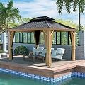HAPPATIO 10' x 12' Hardtop Gazebo, Outdoor Wood Grain Frame Aluminum Gazebo, Double Roof Permanent Patio Gazebo Canopy with Netting and Curtains for Garden, Patio, Lawns, Parties (Beige)