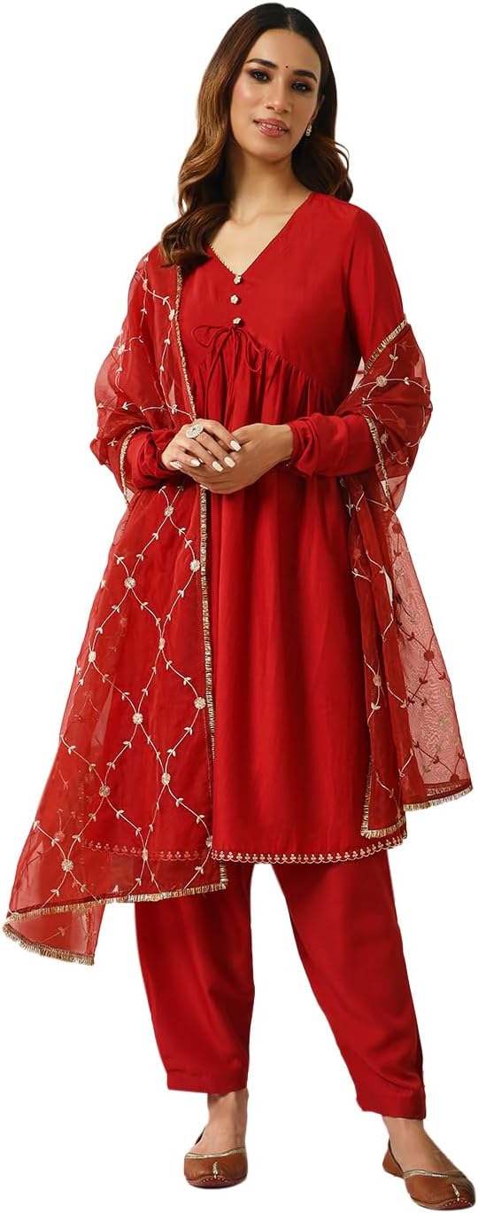 FIORRAWomen's Red Silk Blend Nayra Cut Kurta with Pant and Dupatta