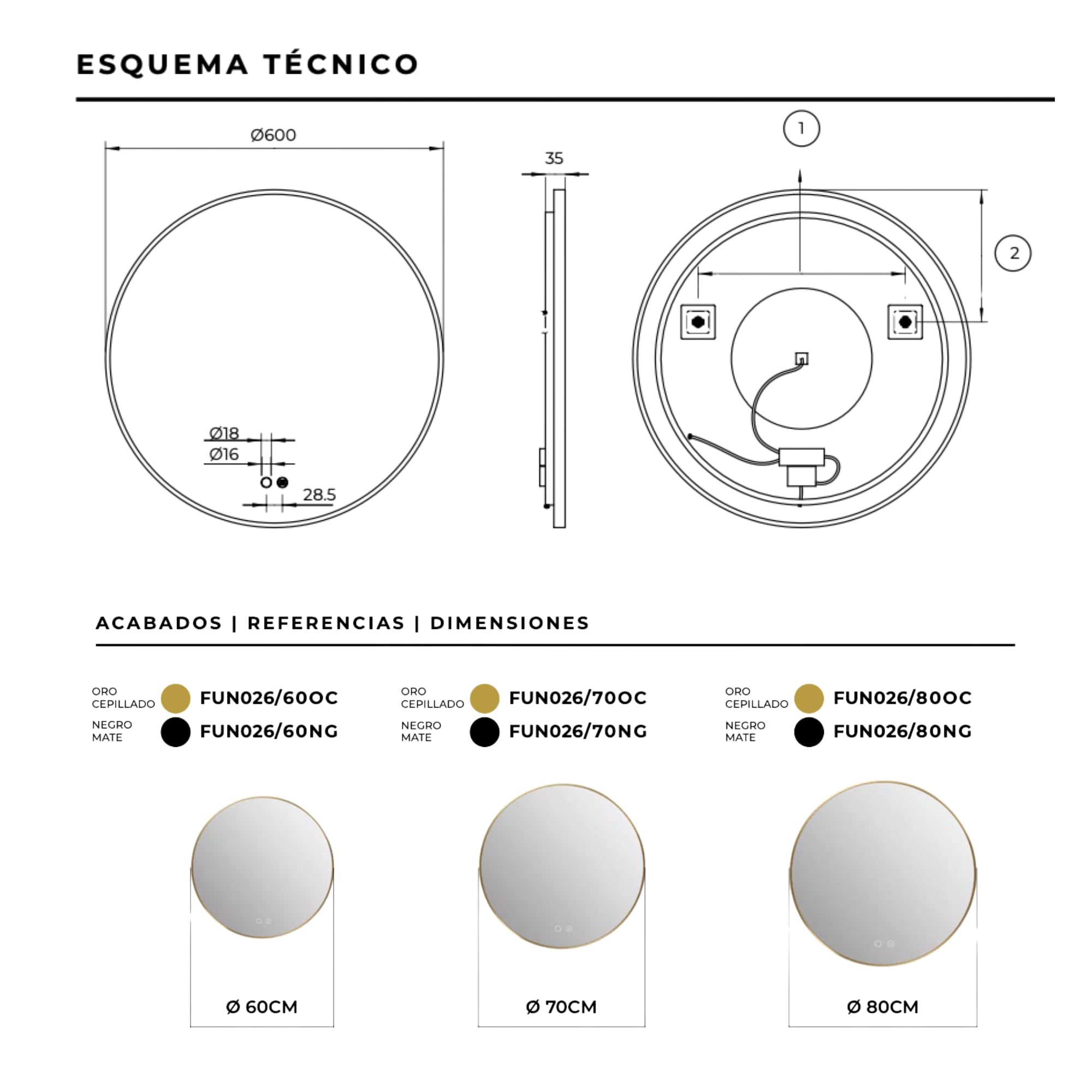 LEDIMEX - Espejo Redondo Baño con Luz LED 70cm Retroiluminado, Sensor Antivaho y Marco Dorado | Espejo Inteligente Oro Cepillado con Luz Tri-LED (Cálida, Neutra y Fría) y Sensor ON/OFF | Serie Fun