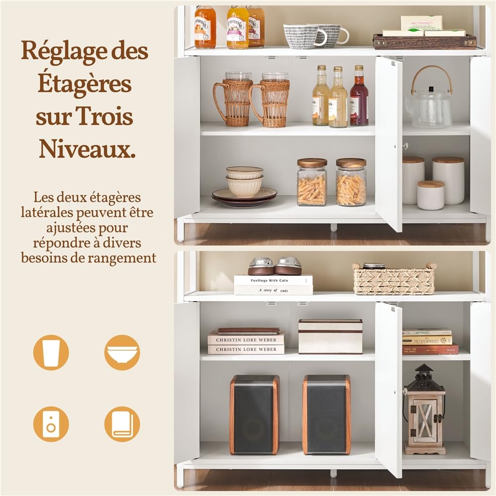 Yaheetech Buffet, Meuble de Rangement Cuisine, avec Placard 3 Portes, Étagère Réglable en Hauteur, 100 × 35 × 81cm, pour Salle à Manger, Salon, Moderne, Blanc