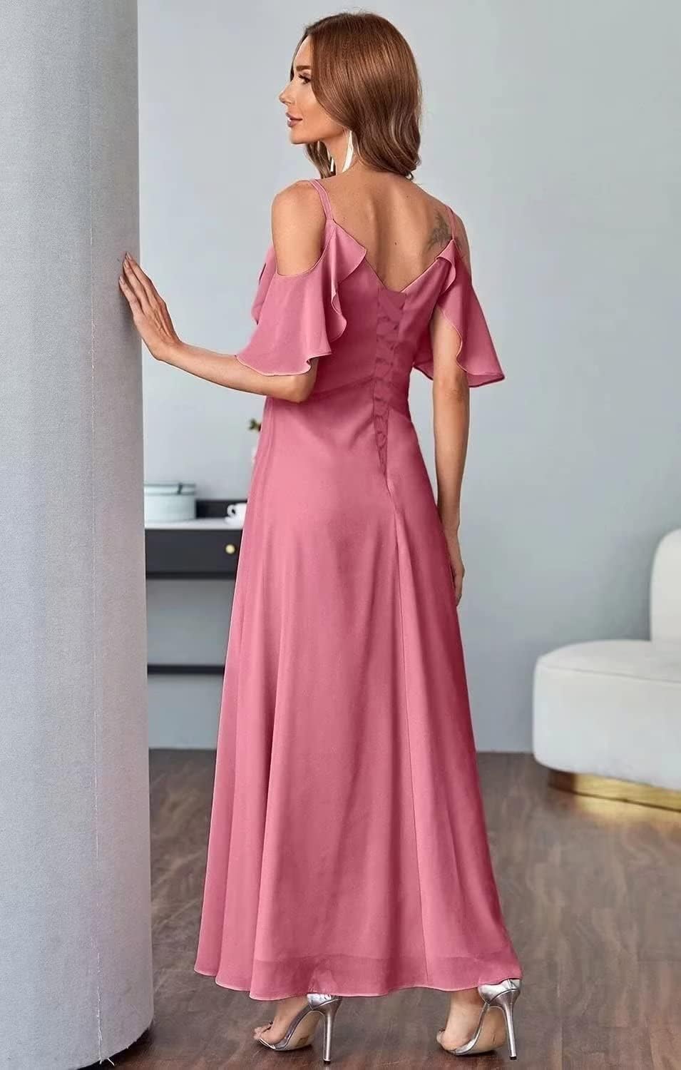 HUINI Chiffon Brautjungfernkleid Lang Kalte-Schulter Elegant Abendkleid A-Linie Ballkleid für Damen