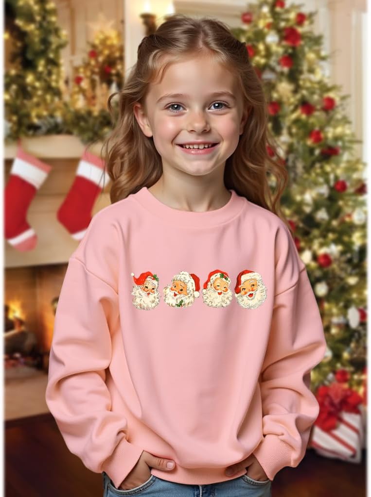 IZYJOY Girls Christmas Sweatshirts Kids Cute Santa Claus Graphic Crewneck Pullover Tops Xmas Long Sleeve Holiday Shirts