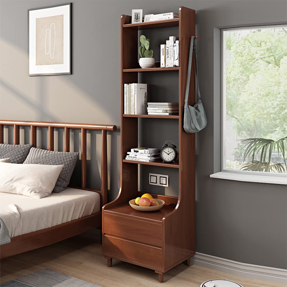 Estantería de madera de nogal de 71 pulgadas de alto, estante abierto de madera con cajones y 4 estantes para dormitorio, mesa auxiliar de cama, mesita de noche 2