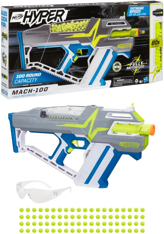 Hyper Mach-100 Fully Motorized Blaster, 80 Hyper Rounds, Eyewear, Up to 110 FPS Velocity, Easy Reload, Holds Up to 100 Rounds