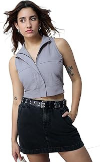 the souled store Zipper Top: Light Grey Women and Girls Sleeveless Collared Neck Zipper Front Solid Nylon Slim Fit Cropped Top-picture-32