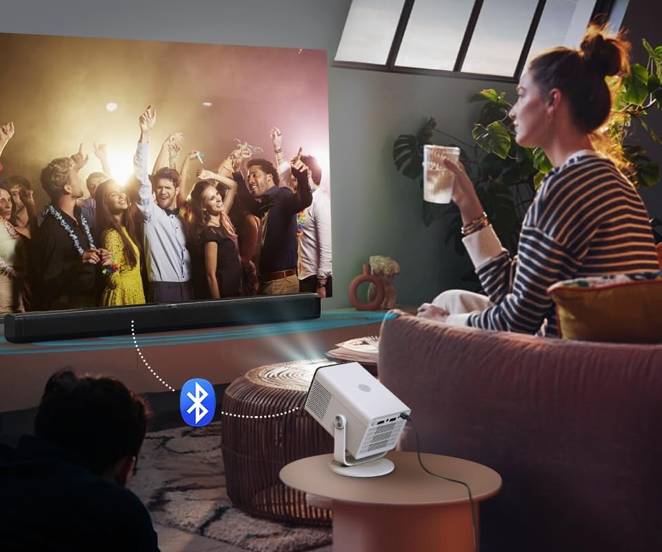 HP MC400 projector connected to a white power bank via a USB-C cable