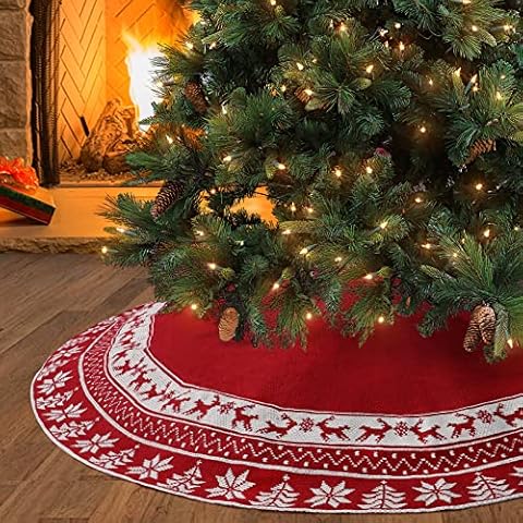 Weldomcor Christmas Tree Skirt Knitted 48 Inches Xmas Tree Skirts Pad Elk Snow Flower Large Tree Mat Home Holiday Party Christmas Decorations, Red Cover