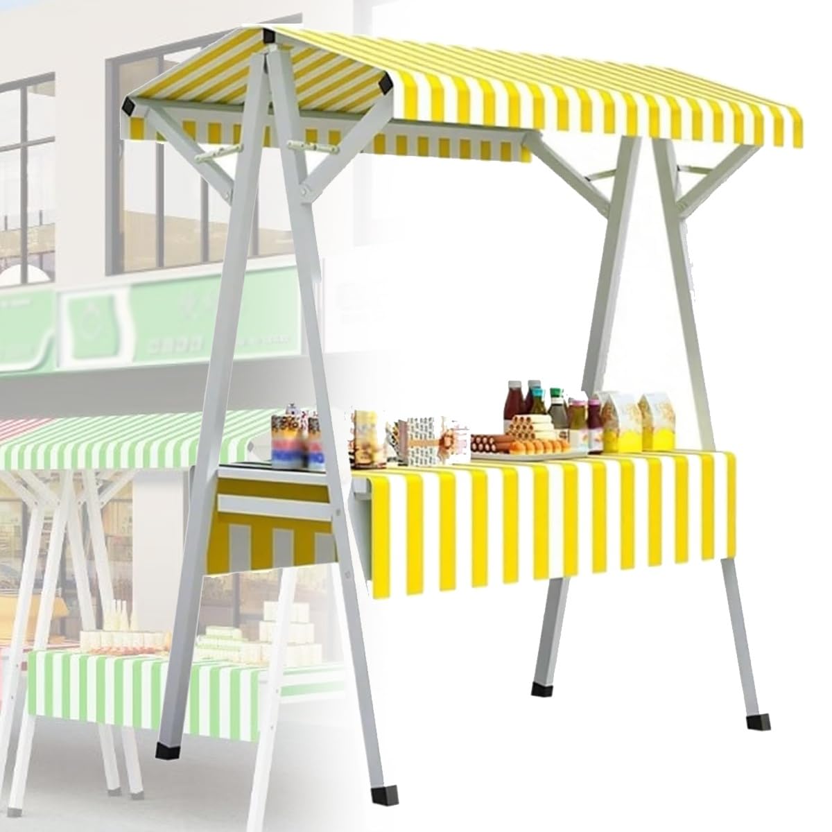 GLETSF Portable Dining Cart with Sunshade Canopy, Foldable Market Stall Kiosk, Outdoor Vendor Cart for Food Display at Markets & Street Events,Yellow-190x20cm