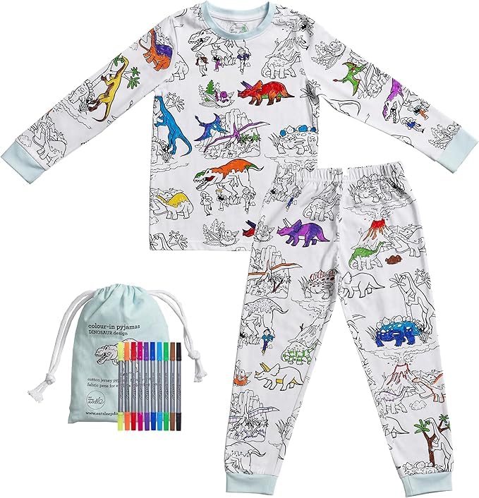 eatsleepdoodle Kids Coloring Pajama Set DIY Wearable Art Dinosaur Pajamas for Boys Includes Washable Markers Fun Creative Sleepwear for Art & Playtime Cotton Reusable Gift Idea for kids
